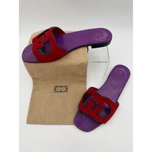 Gucci Kid Scamosciato Double G Logo Slides Red Purple Size 37.5 / 7.5 Cut Out